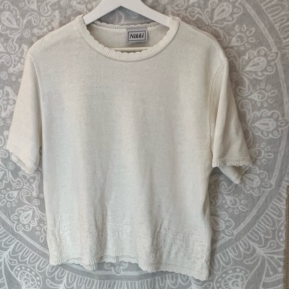 MODEDT VINTAGE WHITE SHORT SLEEVE GRANDMA SWEATER SWEET KNIT DESIGN SCALLOP L - Picture 6 of 10